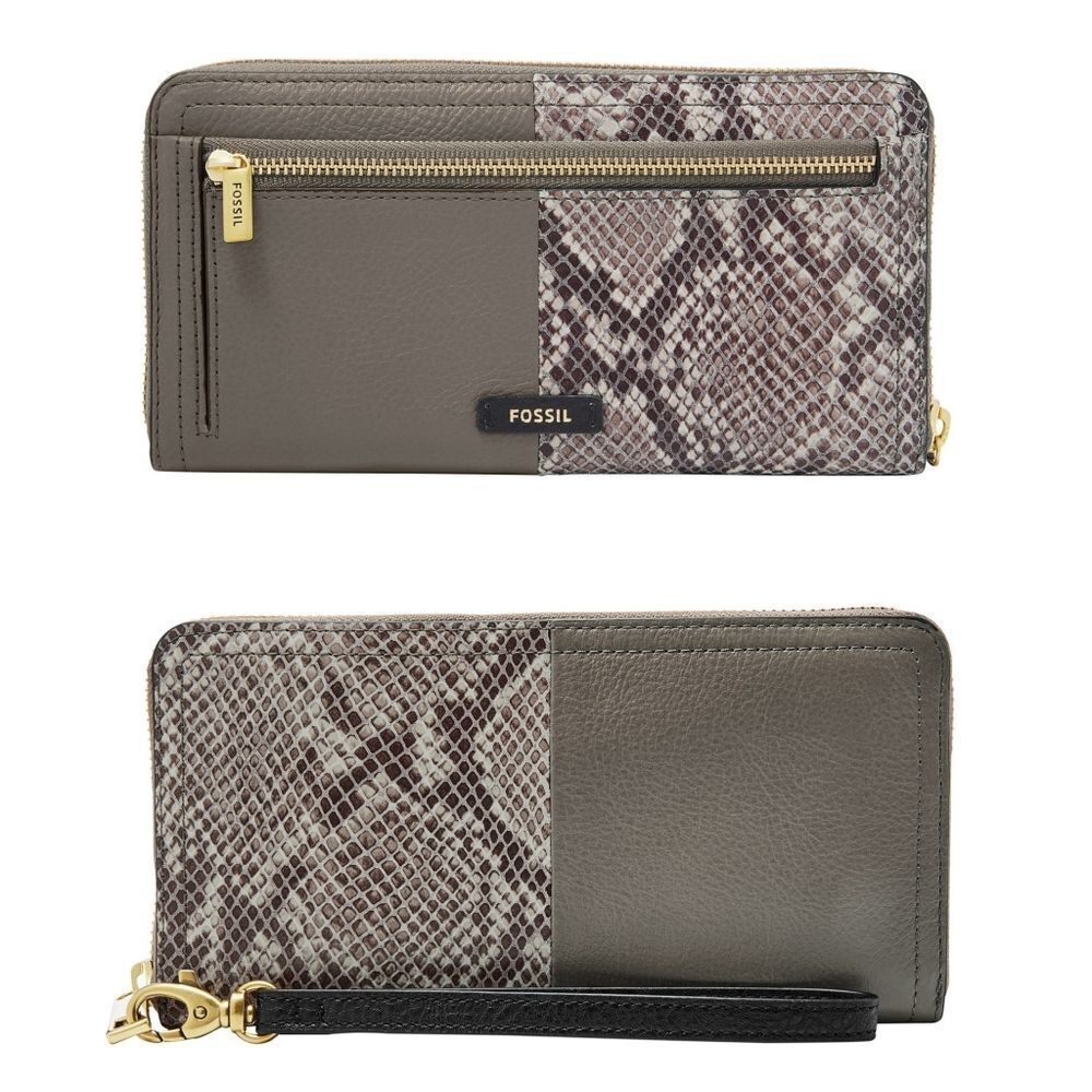 New! FOSSIL Logan RFID Wallet Zip Clutch Wristlet Strap Taupe Snakeprint Black